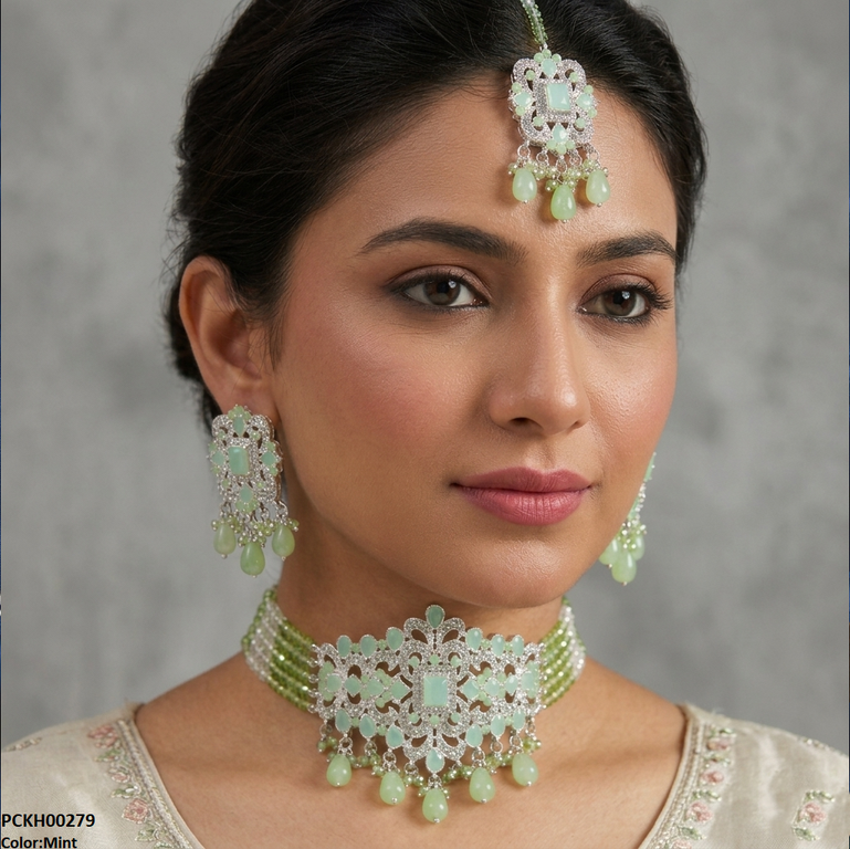 Rectangle Flower Pearl Drop Choker Set