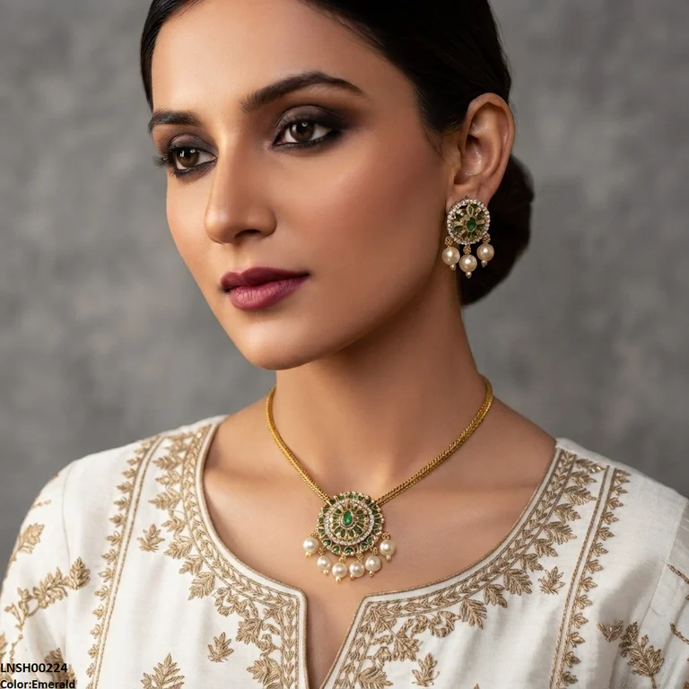 Oval Flower Pearl Drop South Indian Necklace Set