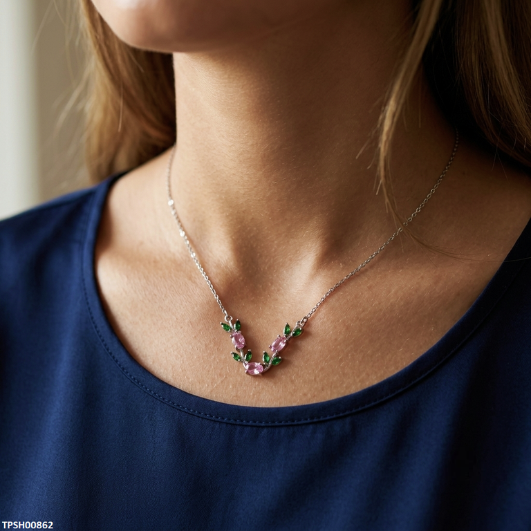 Tulip Leaf Pink/Green Stone Pendant with Chain