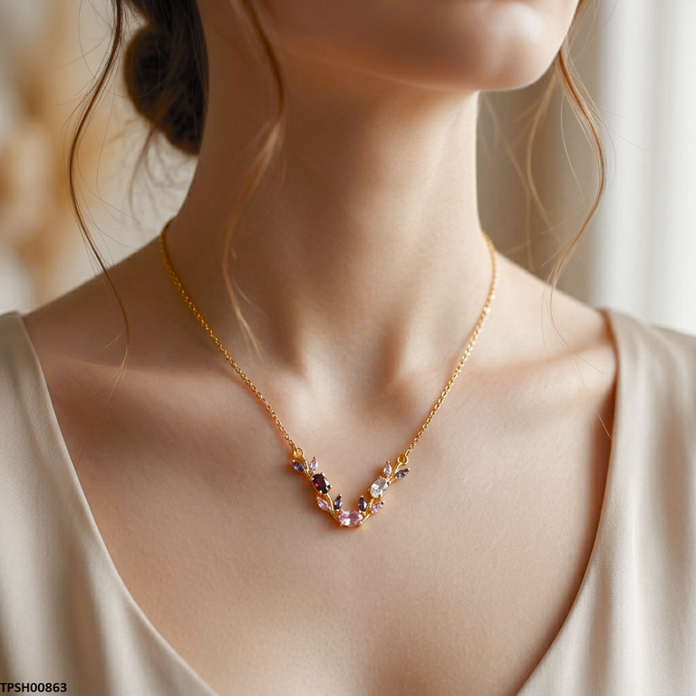 Tulip Leaf Multi Stone Pendant with Chain
