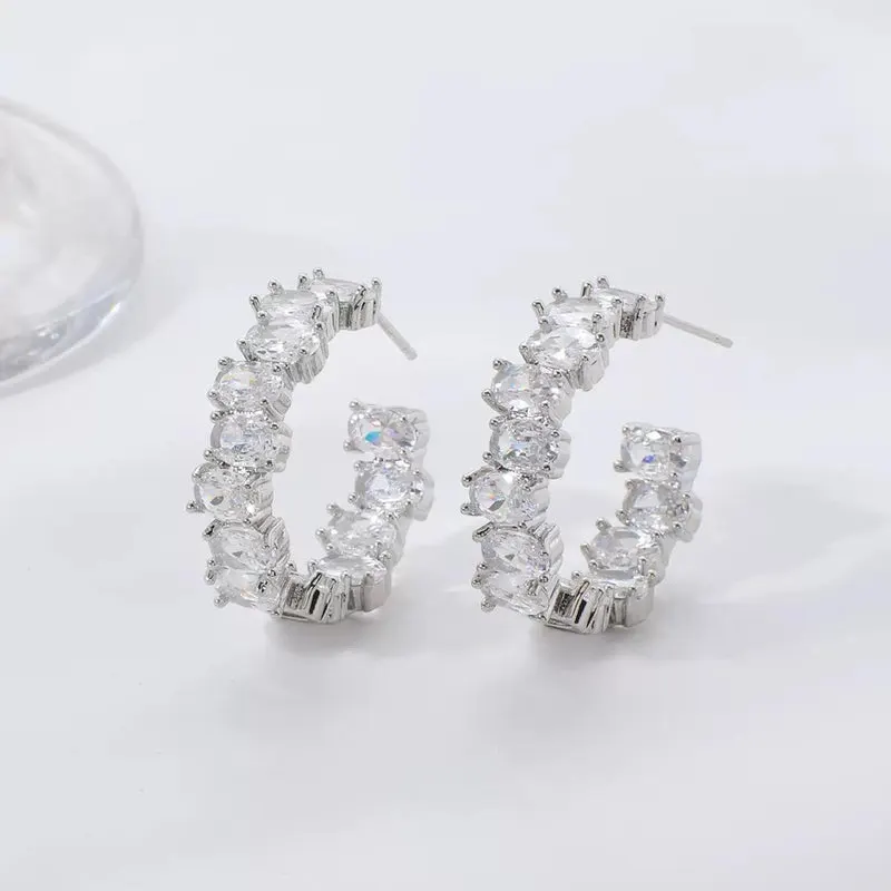 Stainless Steel Oval Zircon Stone Ear Hoops Pair