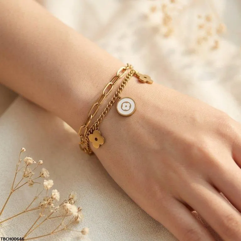 Bhs Clover Flower Double Link Chain Stainless Steel Bracelet