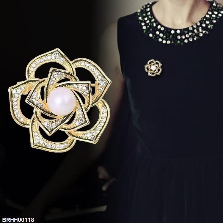 Pearl Camellia Flower Zircon Broach
