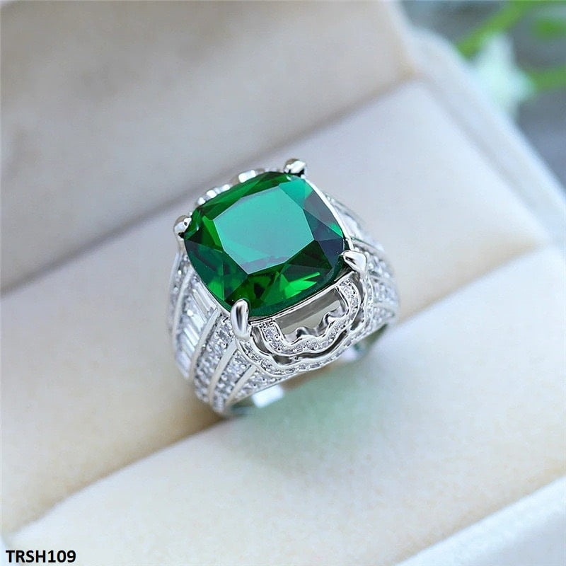 Green Cushion Cathedral Ring