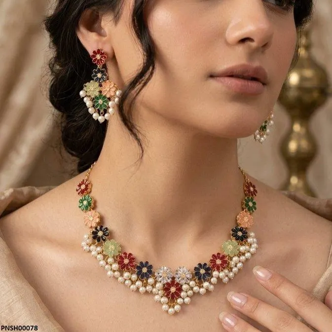 Multi Flower Pearl Drop Necklace Set