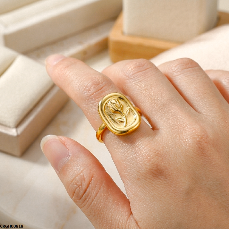 Stainless Steel Printed Rose Flower Ring Adjustable