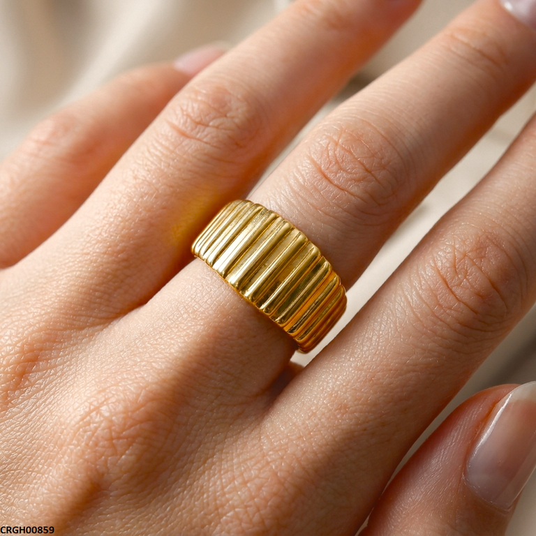 Gold Fulted Ribbed Stainless Steel Ring Adjustable