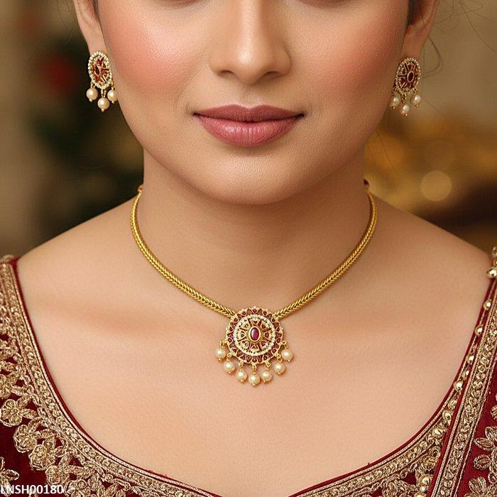 Oval Flower Pearl Drop Necklace Set