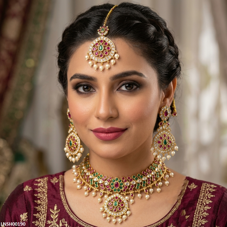 Multi Stone Pearl Drop Necklace Set