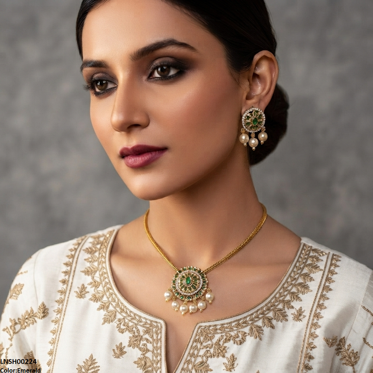 Oval Flower Pearl Drop South Indian Necklace Set