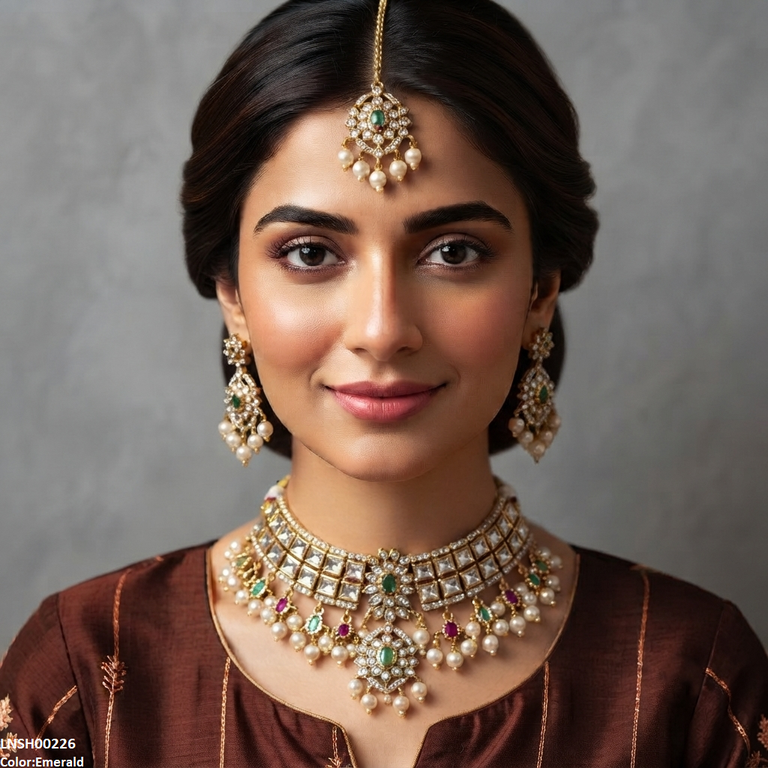 Flower Square Stone Pearl Drop Rajwari Necklace Set
