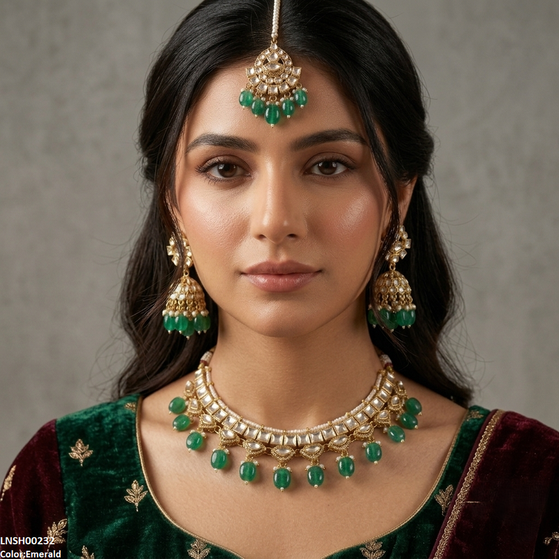 Square Stone Pearl Drop Rajwari Necklace Set
