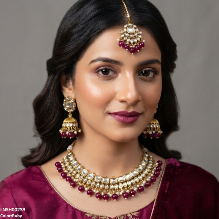 Square/Oval Stone Pearl Drop Rajwari Necklace Set