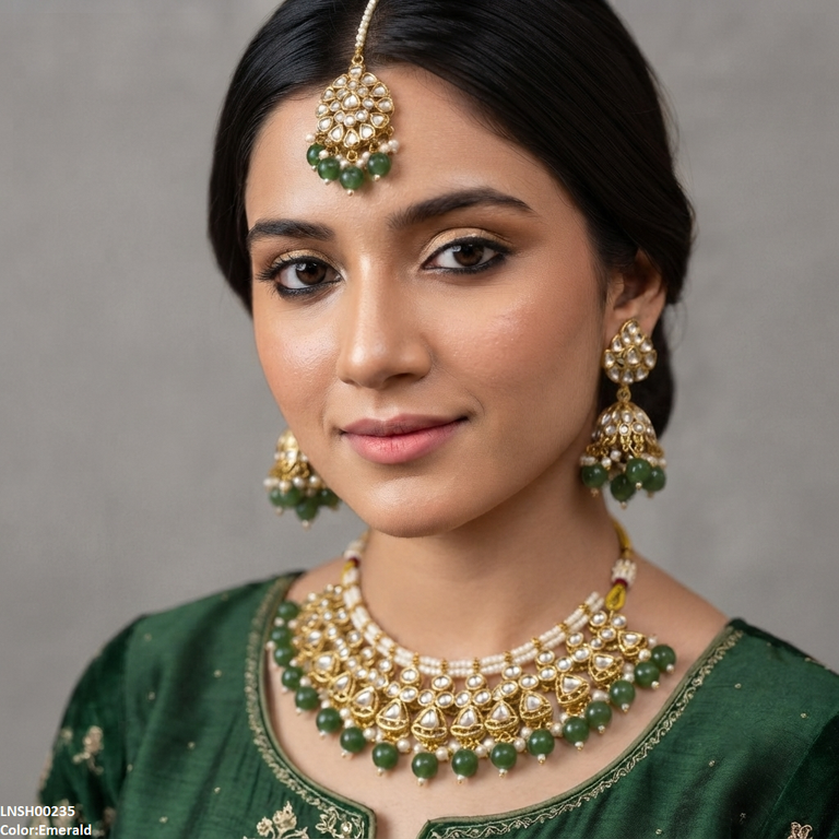 Round Flower Pearl Drop Rajwari Necklace Set