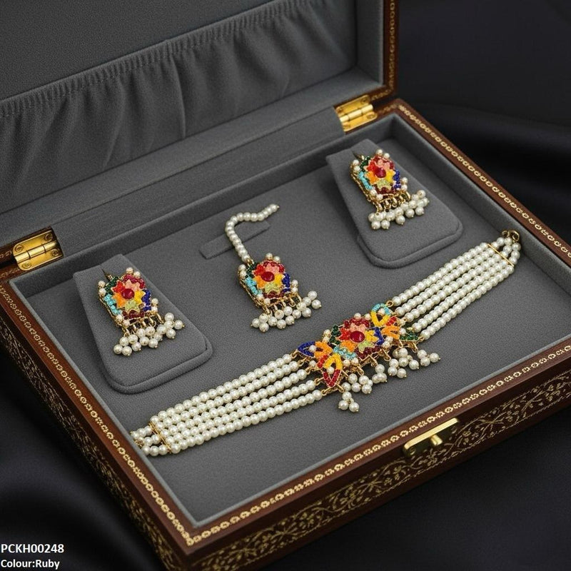 Multi Flower Pearl Drop Choker Set