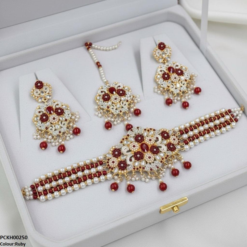 Oval Flower Pearl Drop Choker Set