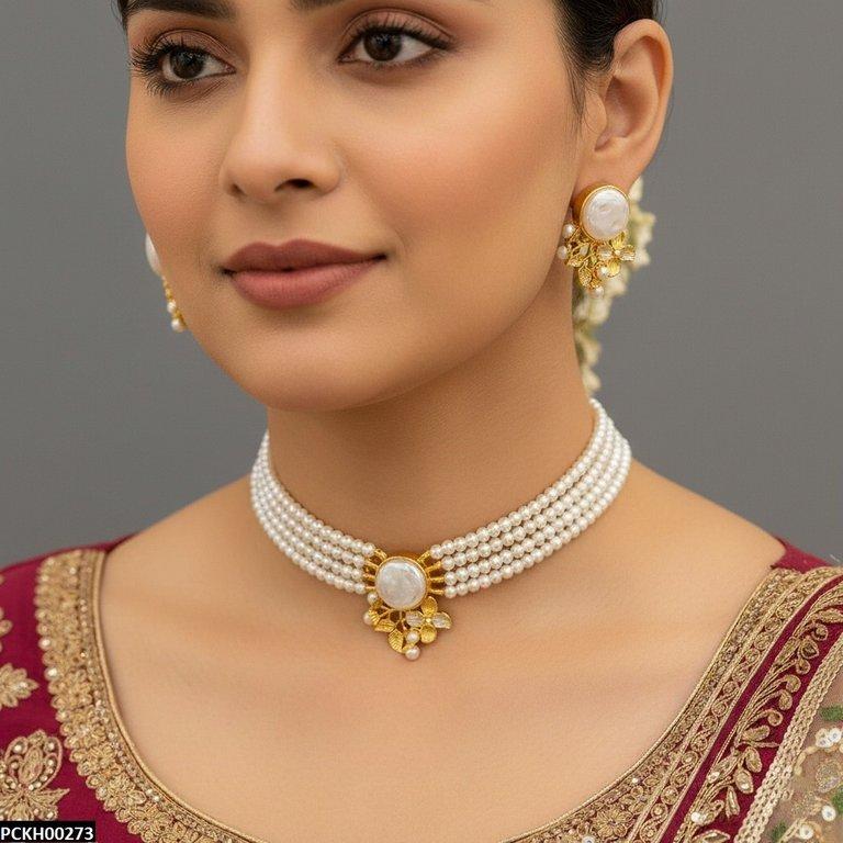 Circle Flower Pearl Choker Set