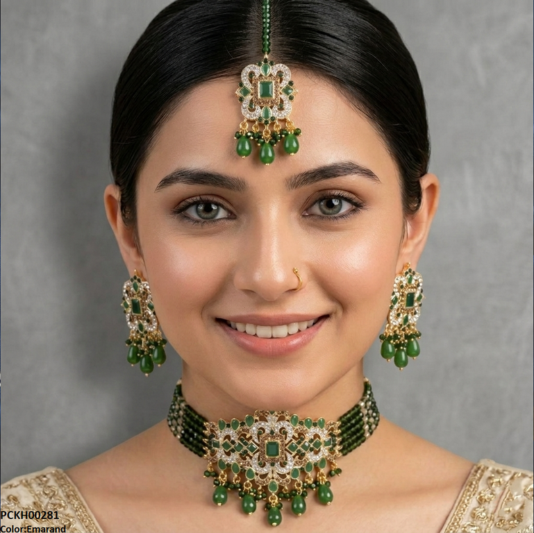 Rectangle Flower Pearl Drop Choker Set
