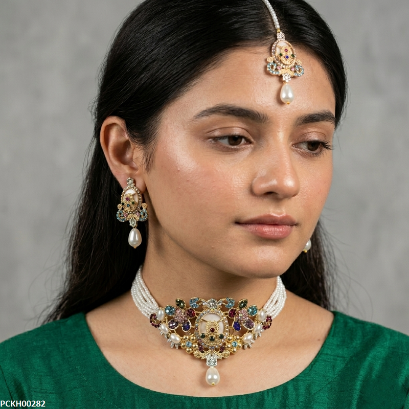 Multi Flower Pearl Drop Choker Set