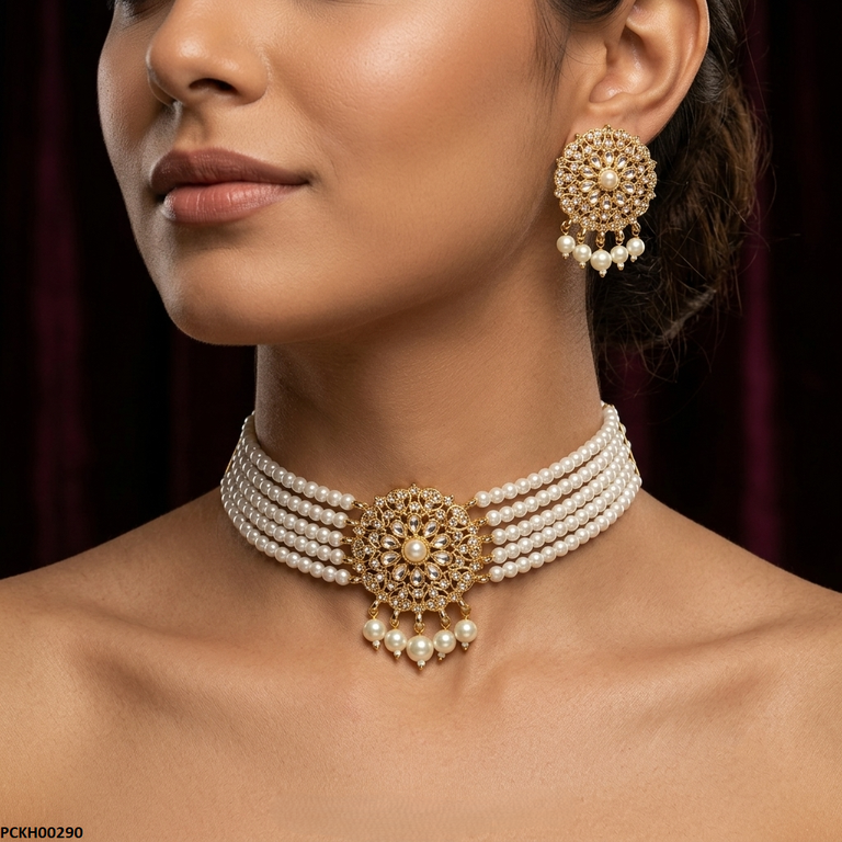 Flower Pearl Drop Choker Set
