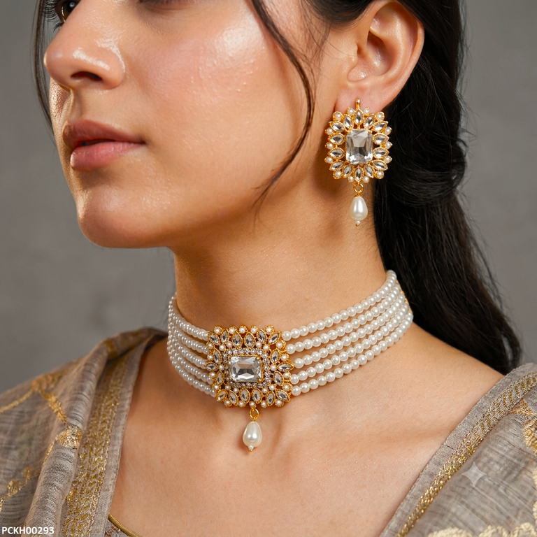 Square Stone Pearl Drop -Choker Set