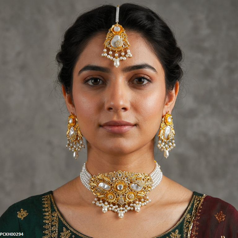 Round Flower Pearl Drop Choker Set