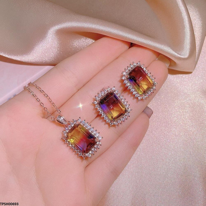 Rectangle Ametrine Zircon Pendant Set