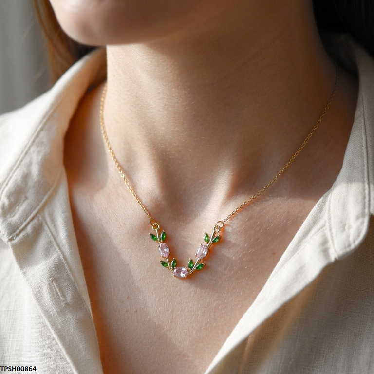 Tulip Leaf Pink/Green Stone Pendant with Chain
