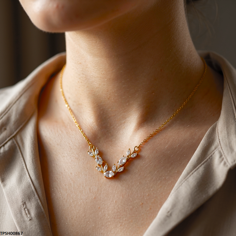 Tulip Leaf White Stone Pendant with Chain