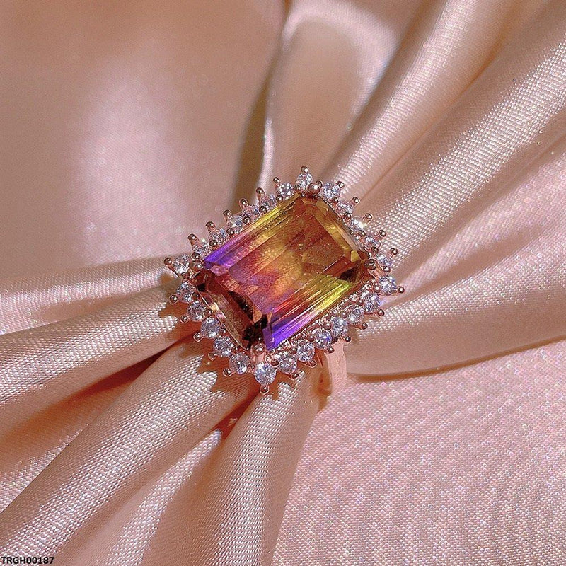 Rectangle Ametrine Zircon Ring Adjustable